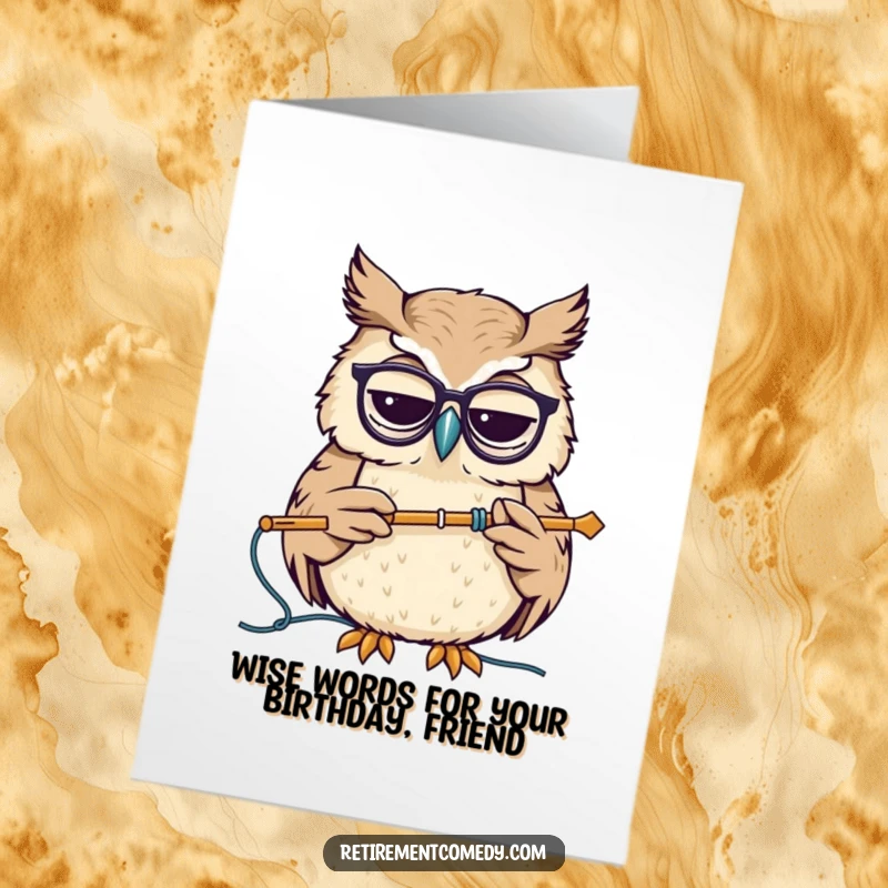 Funny Free Printable Birthday Card: A wise owl with spectacles nods, holding a knitting needle, ready for a cozy celebration.