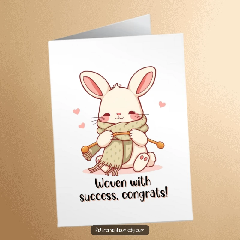 Free Printable Congratulations Card: Kawaii rabbit proudly holding up a finished cozy scarf it knitted, with oversized needles nearby.