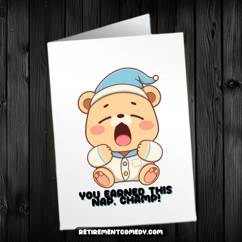 Funny Free Printable Congrats Card: Sleepy bear in pajamas and nightcap yawning widely, humorous congratulations, unique downloadable art.
