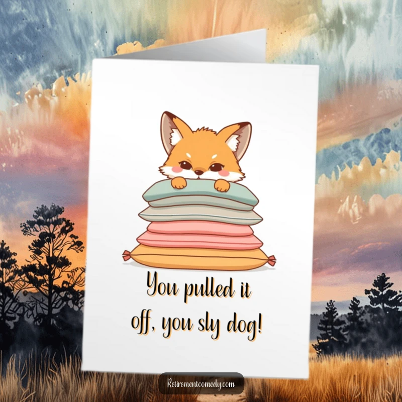 Funny Free Printable Congratulations Card: A sly fox peeks from behind soft cushions, symbolizing a clever and successful surprise.