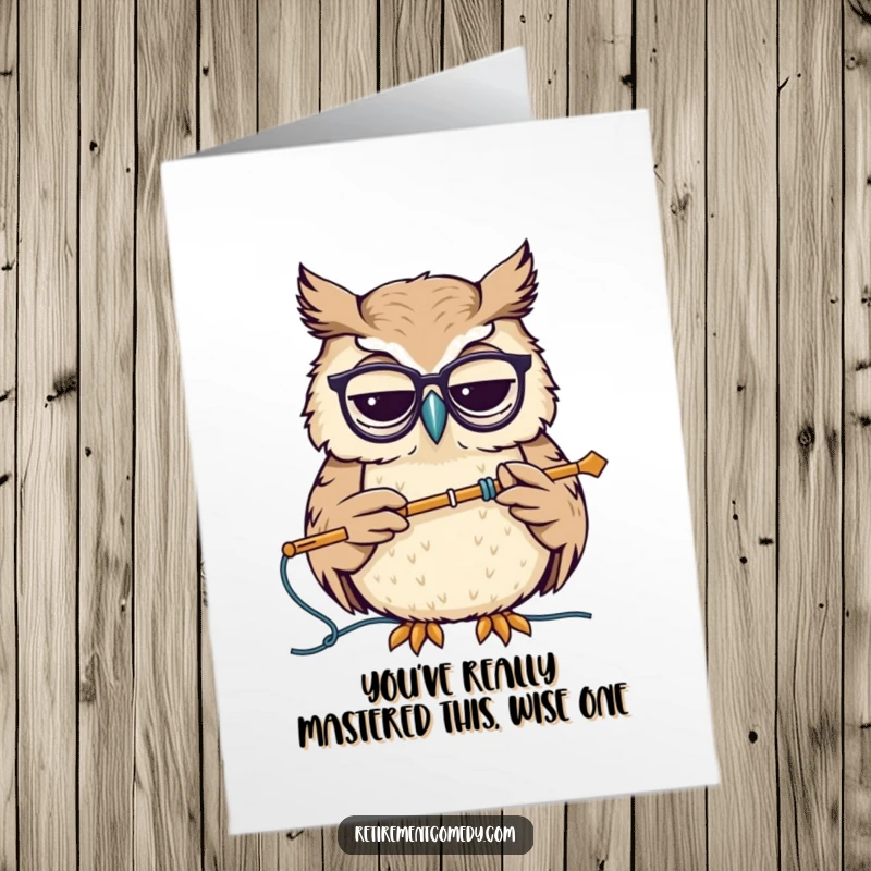 Funny Free Printable Congratulations Card: A wise owl wearing glasses nods while expertly holding a knitting needle, celebrating success.
