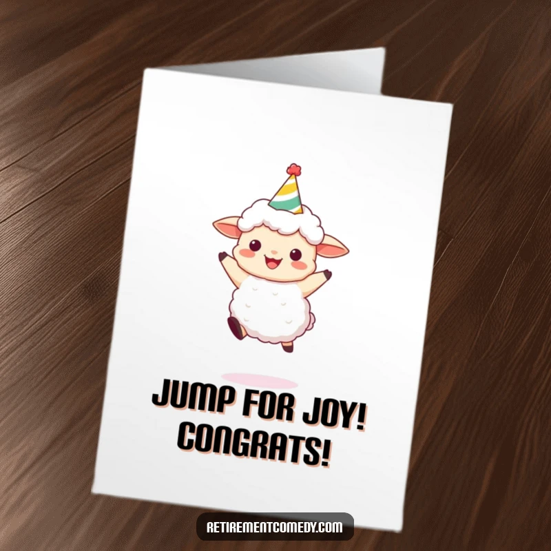 Funny free printable congratulations card featuring a fluffy sheep in a party hat, leaping with pure joy.