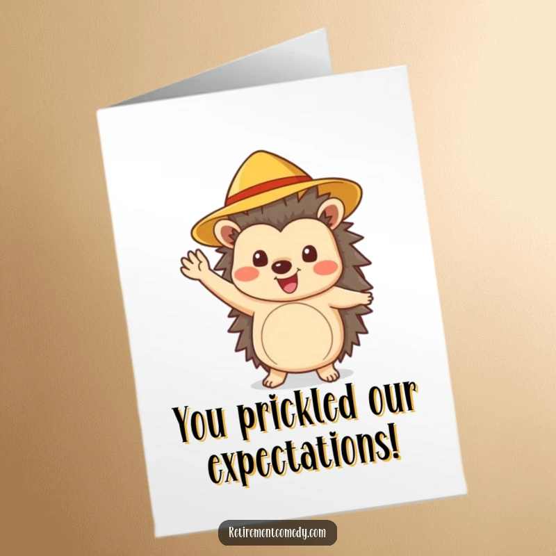 Funny Free Printable Congrats Card: Cheerful hedgehog in sun hat waving enthusiastically, joyful congratulations, unique downloadable art.