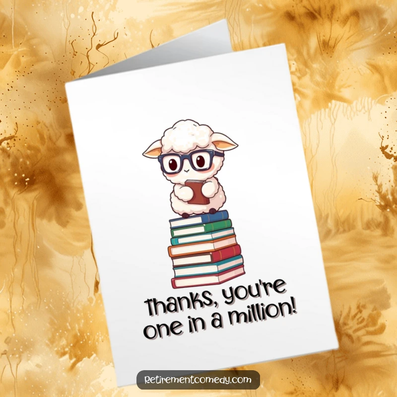 Funny Free Printable Thank You Card: Fluffy sheep wearing reading glasses, balancing on a stack of books.