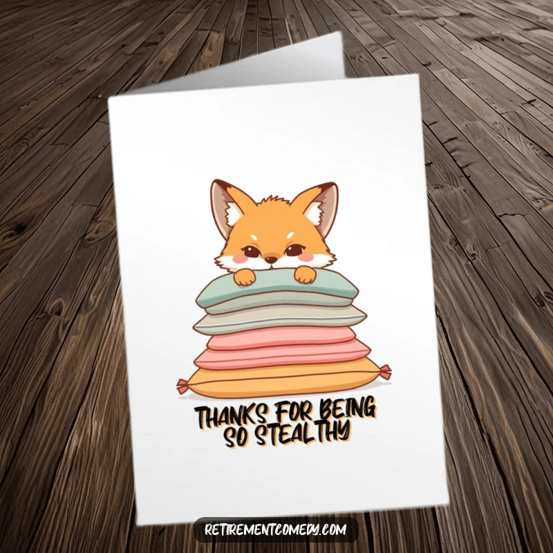 Funny Free Printable Thank You Card: A sly fox peeks from behind comfy cushions, a humorous way to express gratitude.