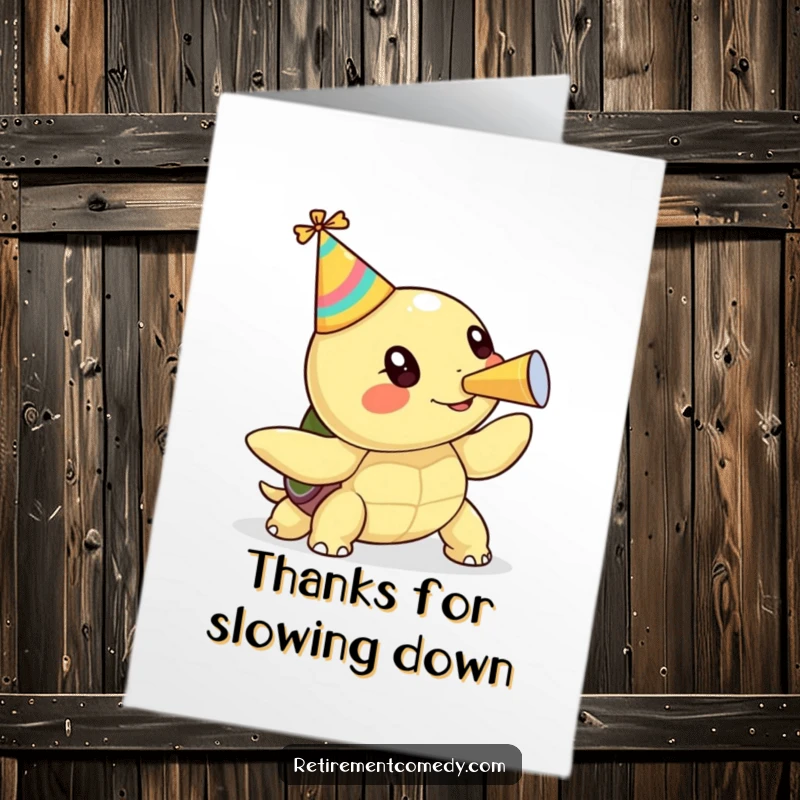 Funny Free Printable Thank You Card: A kawaii turtle with a party hat blows a party horn, conveying thanks joyfully.