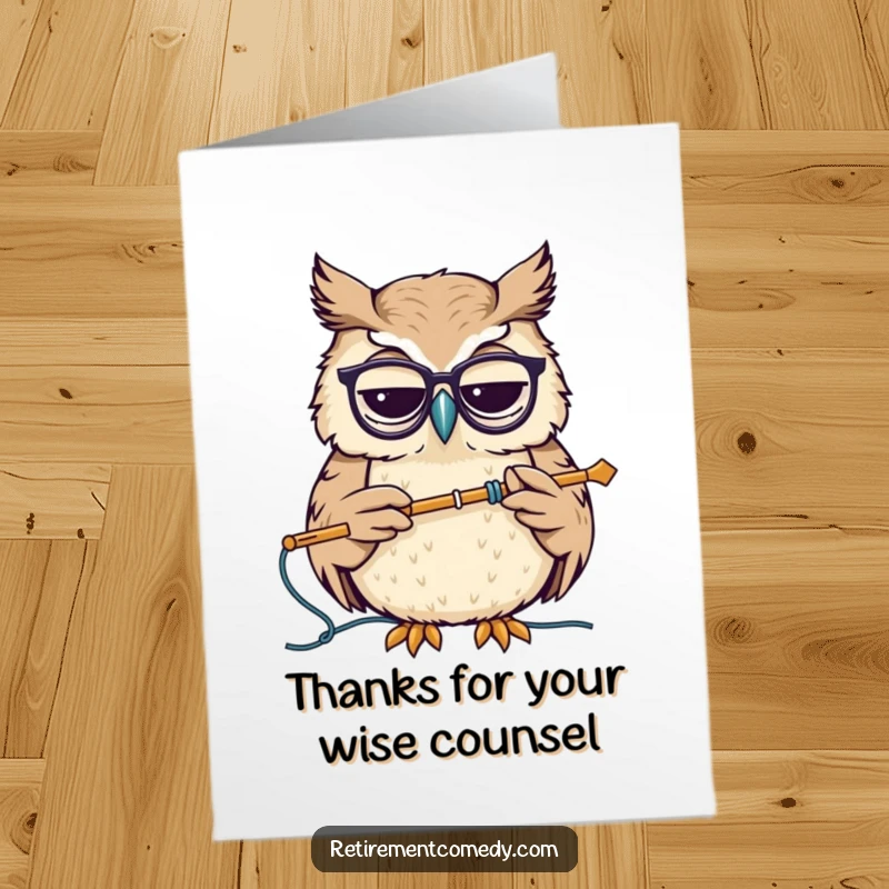Funny Free Printable Thank You Card: A wise owl with spectacles nods, knitting needle in hand, offering sincere thanks.
