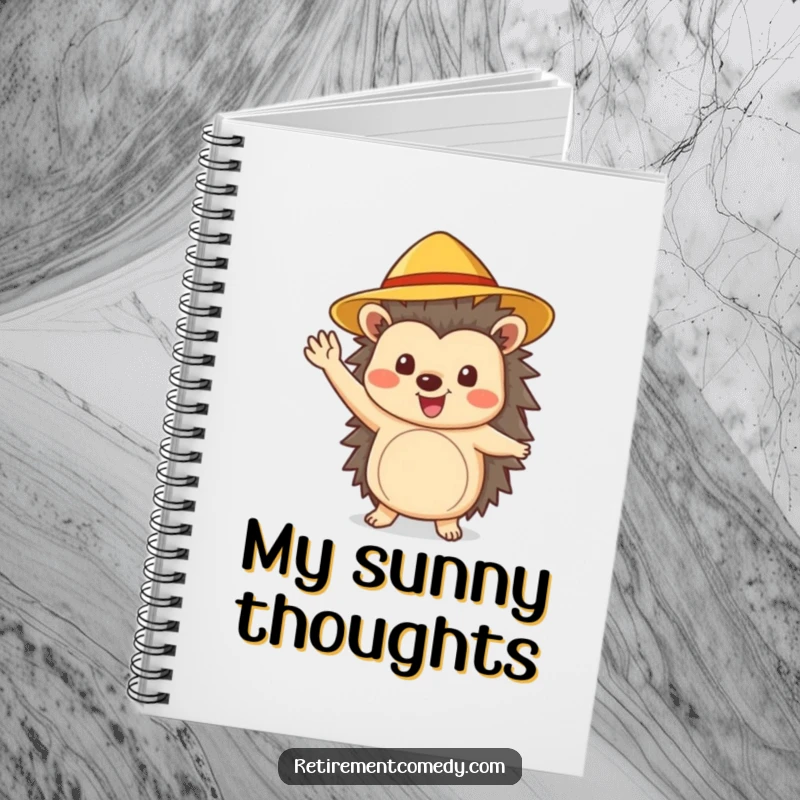 A funny cheerful hedgehog wearing a sun hat waves enthusiastically on this notebook, encouraging happy thoughts.