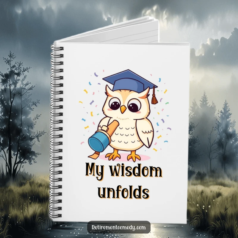 Funny kawaii owl launching a confetti cannon on a notebook, a humorous and practical gift for journaling.