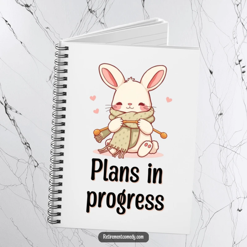 Funny kawaii rabbit notebook, knitting a scarf with oversized needles, perfect for notes and sketches.