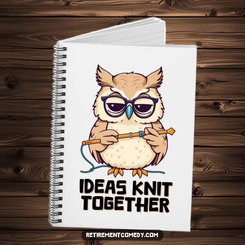 Funny notebook with a wise owl wearing spectacles, nodding while knitting, perfect for jotting down notes with intellectual flair.