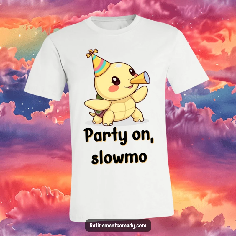 Cute kawaii turtle in a party hat blowing a party horn, a humorous and celebratory t-shirt graphic.
