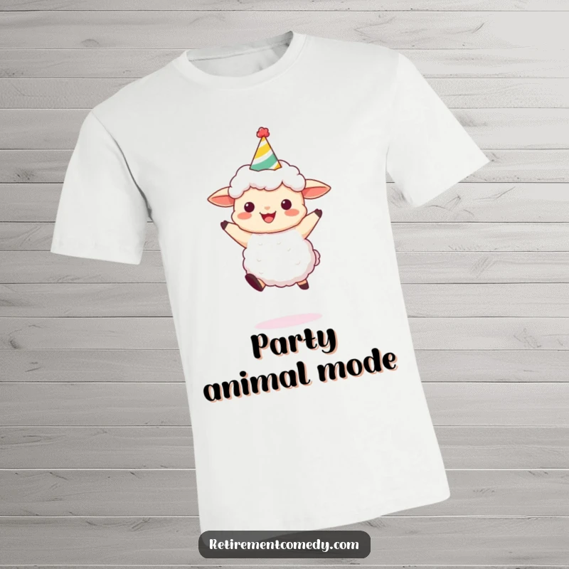 Funny Sheep Party Leap T-Shirt: A fluffy sheep in a party hat jumping with joy, designed for a fun and funny gift.