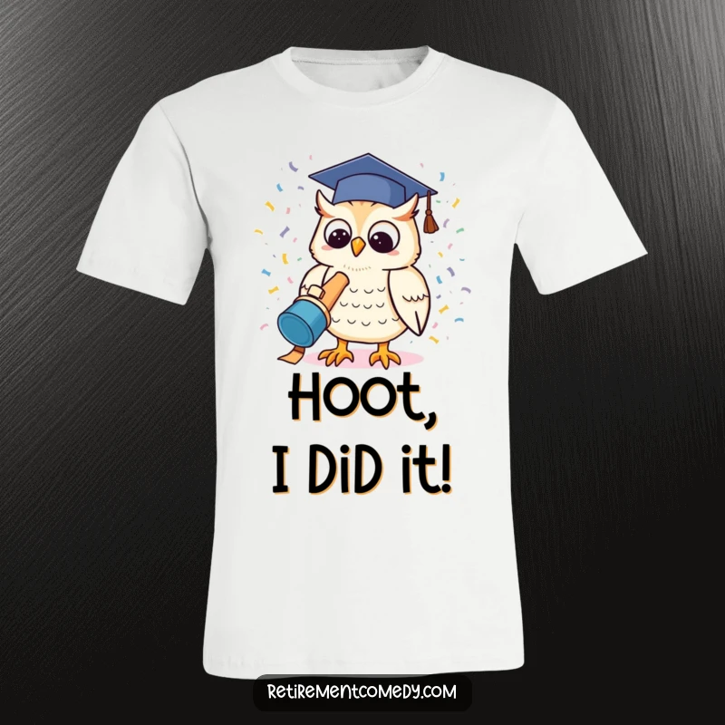 Cute kawaii owl in a graduation cap launching a confetti cannon, a humorous and celebratory t-shirt graphic.