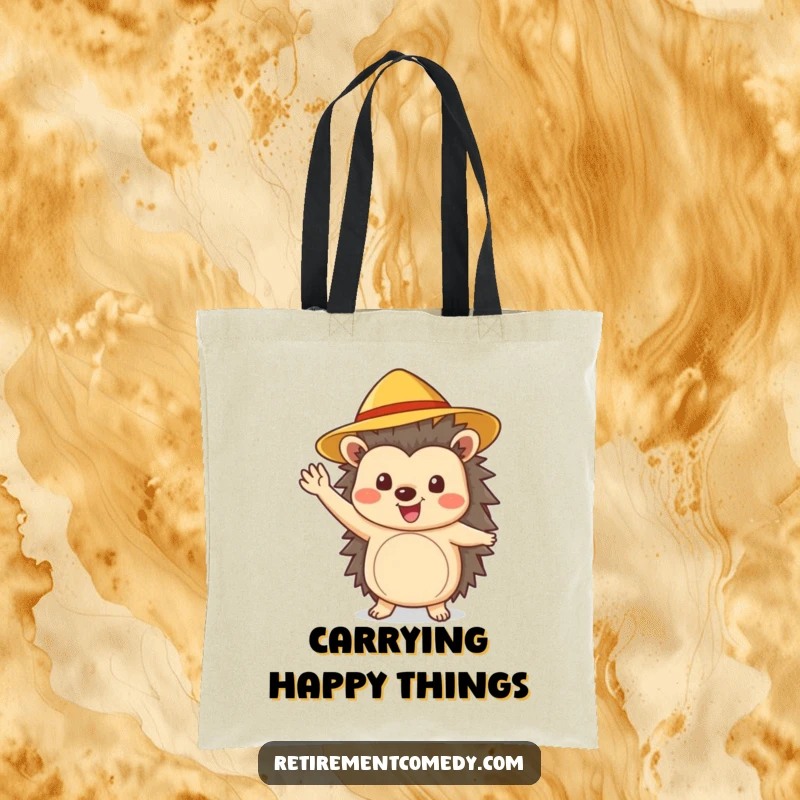 Funny cheerful hedgehog with a sun hat waves enthusiastically on this tote bag, symbolizing a joyful and active lifestyle.