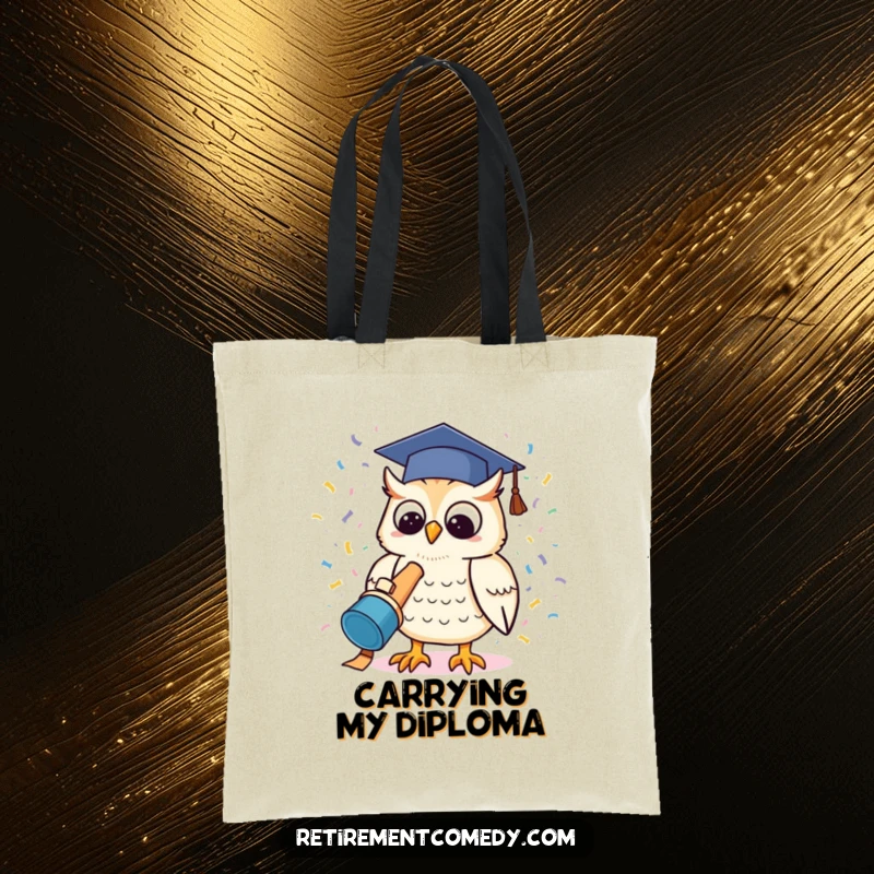 Funny kawaii owl wearing a graduation cap launching a confetti cannon on a tote bag, a humorous and practical accessory.