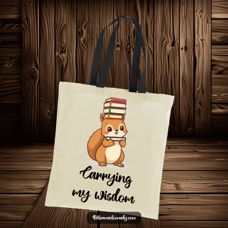 Funny kawaii squirrel tote bag, balancing a stack of books on its head, perfect for carrying books and groceries.
