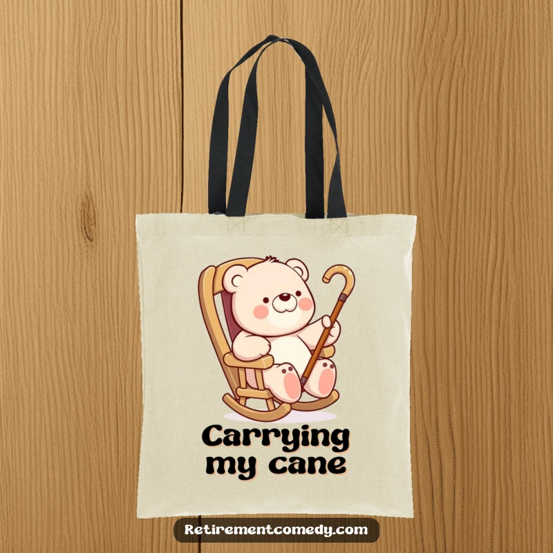Funny Bear Rocking Chair Tote Bag: A charming tote featuring a bear relaxing in a rocking chair, waving a cane, ideal for a funny gift.