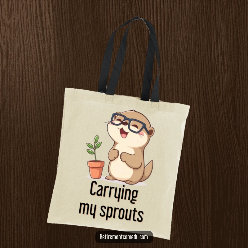 Funny kawaii otter with glasses high-fiving a potted plant on a tote bag, a humorous and practical accessory.