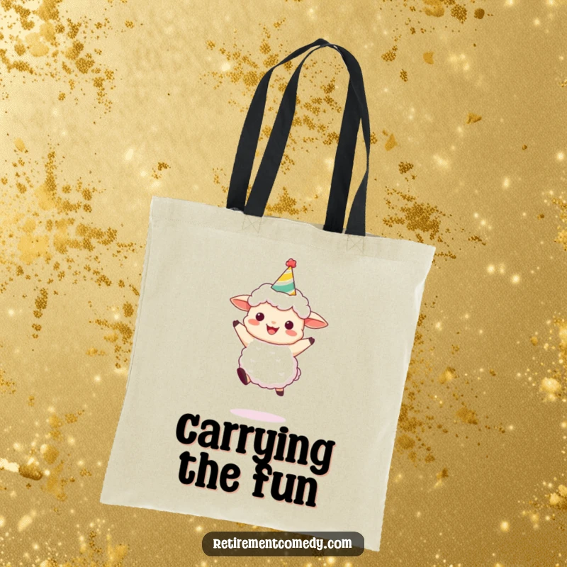 Funny Sheep Party Tote Bag: A charming tote featuring a sheep in a party hat leaping joyfully, ideal for a funny gift.