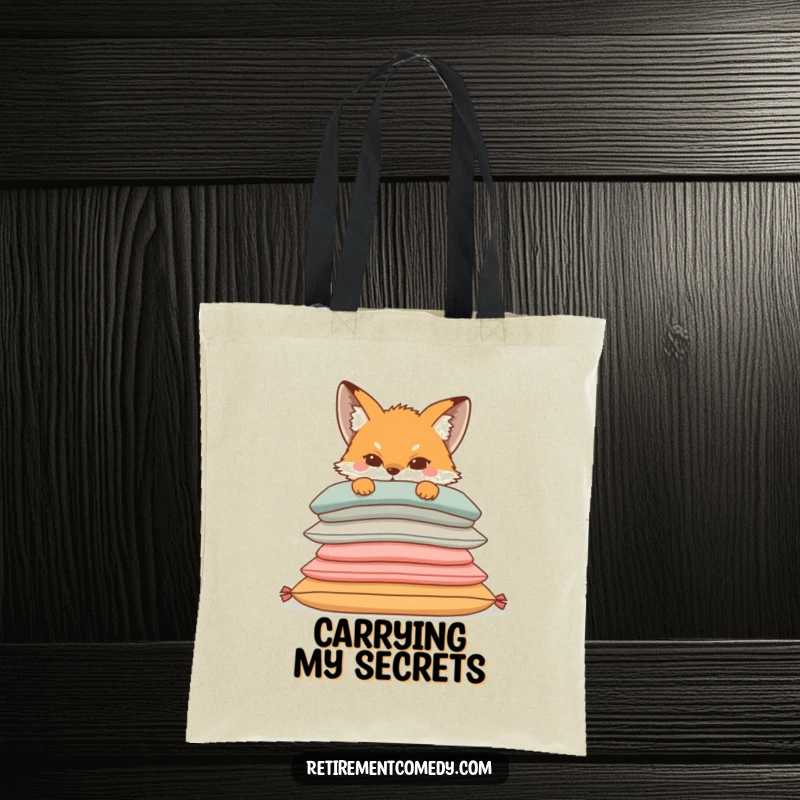 Funny tote bag with a sly fox peeking slyly from behind a stack of soft, comfortable cushions, ideal for carrying essentials with humor.