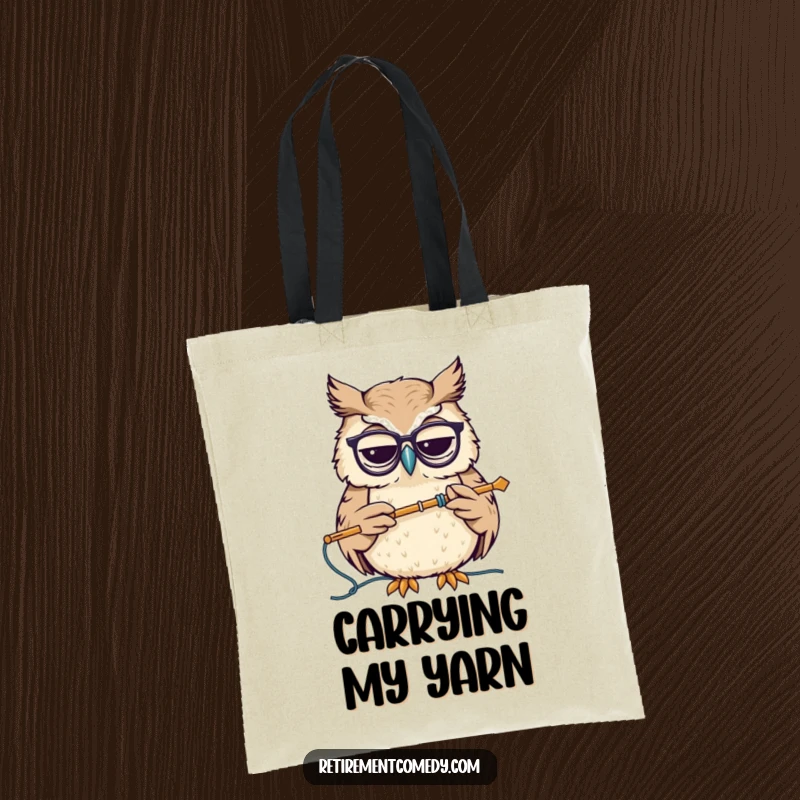Funny tote bag with a wise owl wearing spectacles, nodding while knitting, perfect for carrying books and supplies with a touch of erudition.